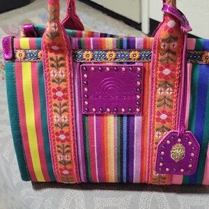 Colorful Striped Crossbody Bag with Floral Accents